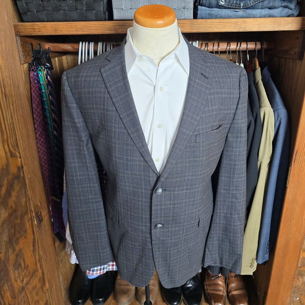 Penguin Men's Modern Gray Plaid Wool Sport Coat Jacket Blazer 46R
